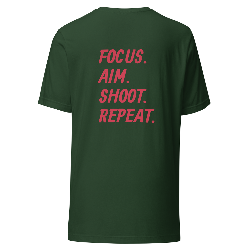 Focus. Aim. Shoot. Repeat. Unisex t-shirt with Red Lettering