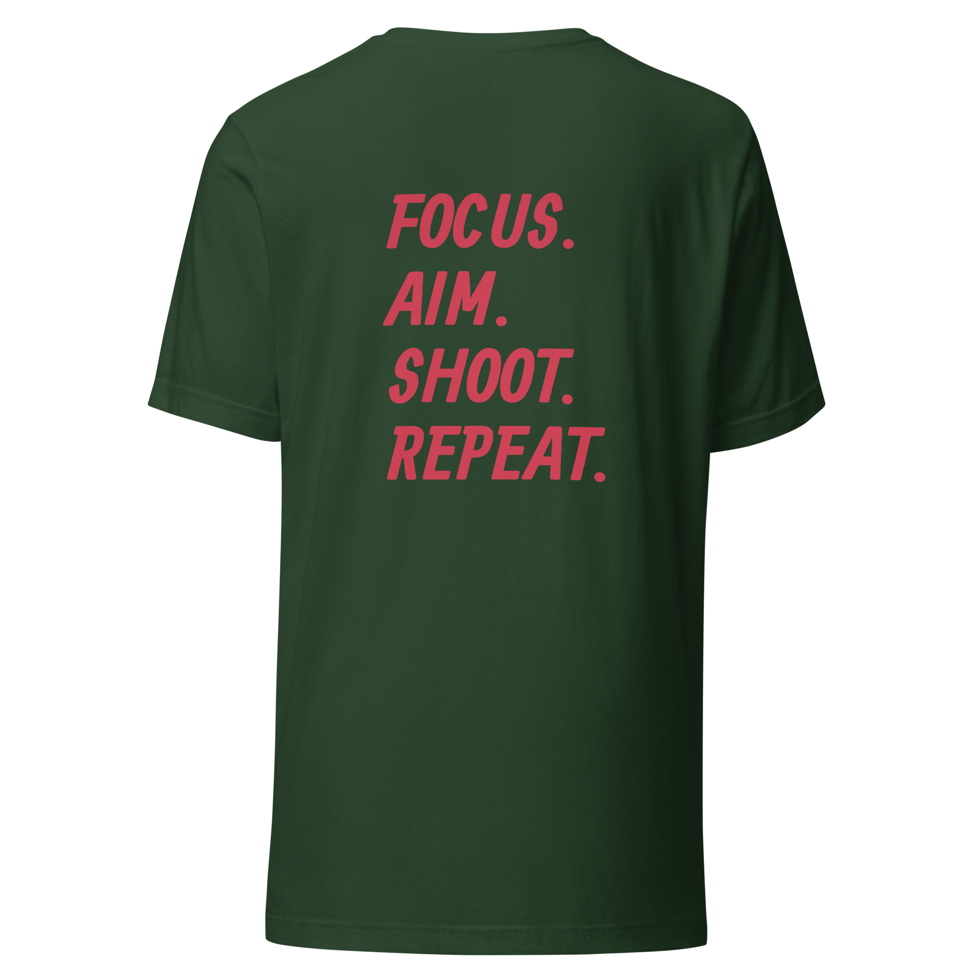 Focus. Aim. Shoot. Repeat. Unisex t-shirt with Red Lettering
