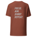 Focus. Aim. Shoot. Repeat. Unisex t-shirt with Grey Lettering