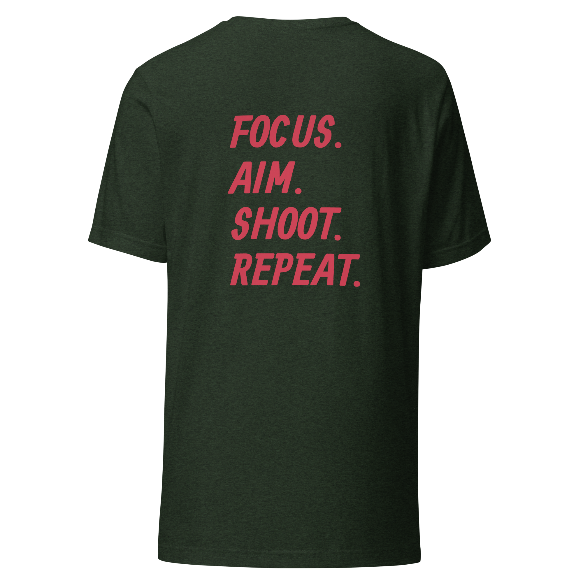 Focus. Aim. Shoot. Repeat. Unisex t-shirt with Red Lettering