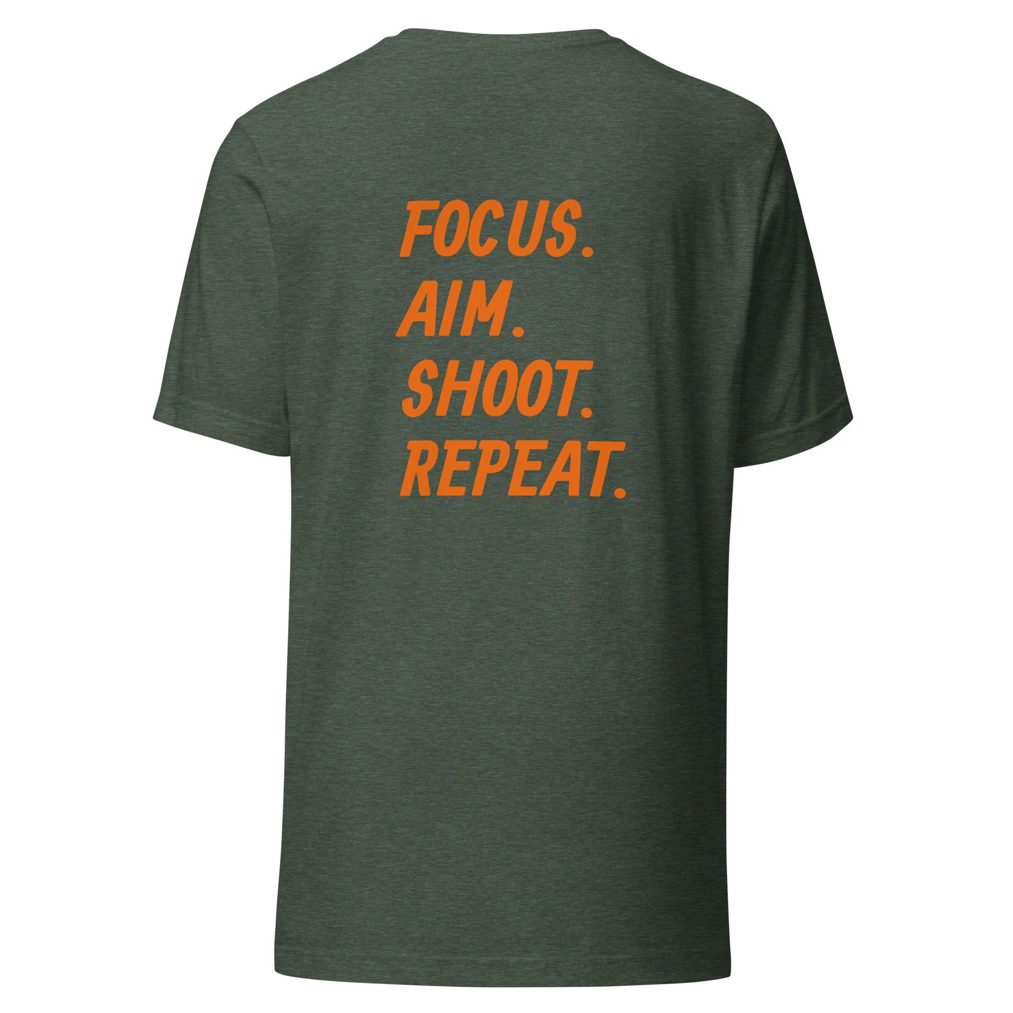 Focus. Aim. Shoot. Repeat. Unisex t-shirt Orange Lettering